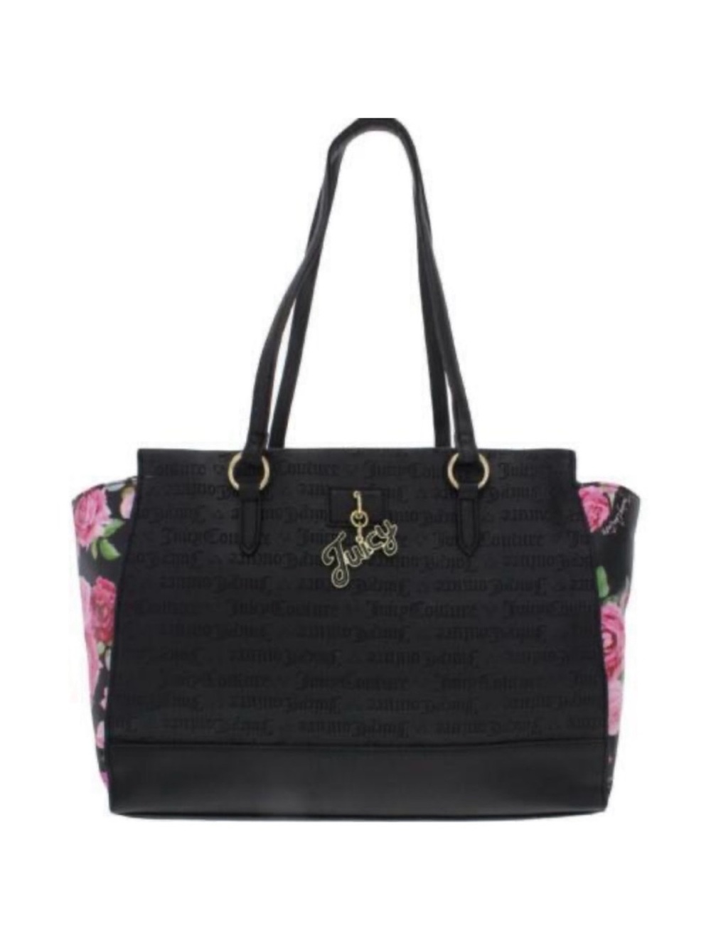 Juicy Couture Black Tote with Pink Rose Panels and Gold Logo Charm